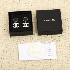 chanel香奈兒黑白拼色琺琅耳環 經典小香風大双C吊坠耳釘 - Image 4