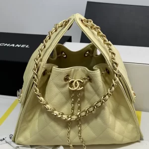 Jenni同款chanel 25bag香奈兒嬉皮包 小號黃色粒紋牛皮 雙C鏈條抽繩包AS5293