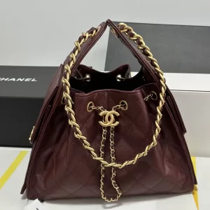 Jenni同款chanel 25bag香奈兒嬉皮包 小號酒紅色粒紋牛皮 雙C鏈條抽繩包AS5293
