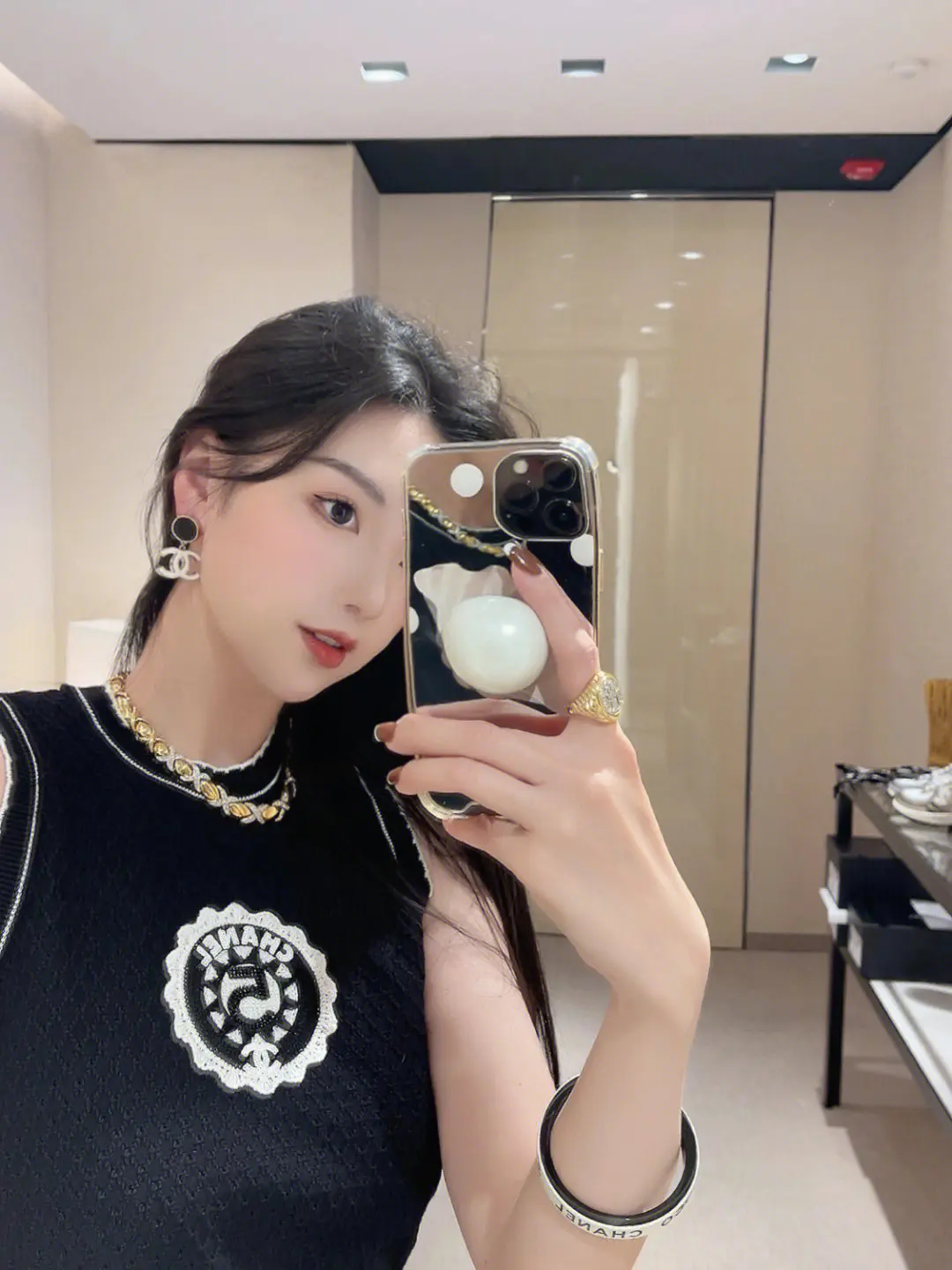chanel香奈兒黑白拼色琺琅耳環 經典小香風大双C吊坠耳釘 - Image 8