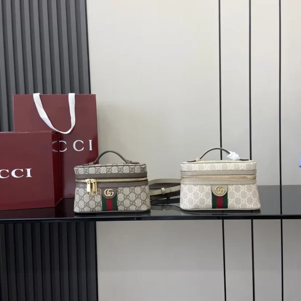 gucci ophidia系列迷你化妝包 燕麥色雙G帆布 彩色織帶 復古盒子包816357