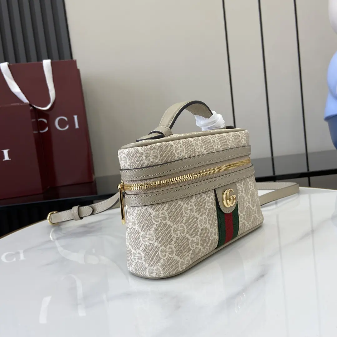 gucci ophidia系列迷你化妝包 燕麥色雙G帆布 彩色織帶 復古盒子包816357 - Image 11