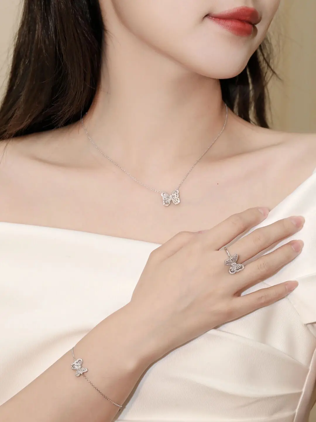 de beers au750 54戴比爾斯鉆戒 銀色蝴蝶施華洛鑲鉆戒指 - Image 7