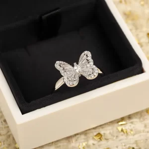 de beers au750 54戴比爾斯鉆戒 銀色蝴蝶施華洛鑲鉆戒指 - Image 4