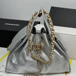 Jenni同款chanel 25bag香奈兒嬉皮包 小號銀色粒紋牛皮 雙C鏈條抽繩包AS5293