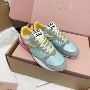 miumiu繆繆新款英倫風德訓鞋 綠色網布髒髒鞋 情侶款 休閒繫帶運動鞋