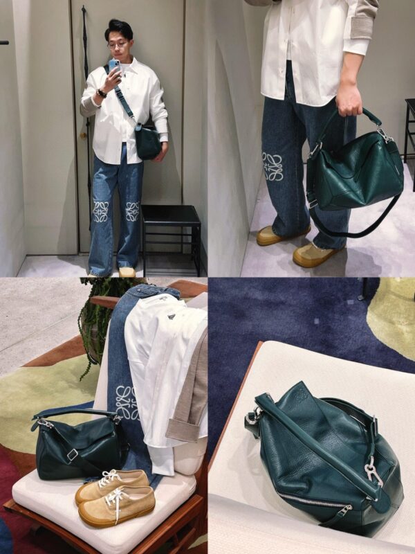 王一博同款 loewe puzzle 32 罗意威大号几何包 常青綠 鹿皮 052446