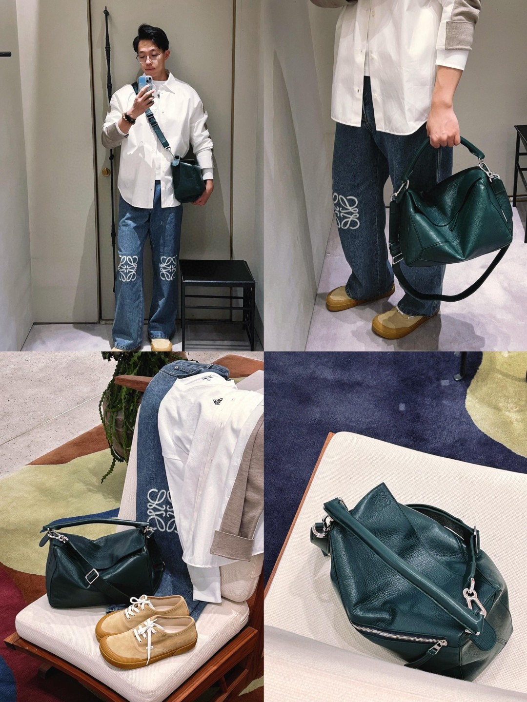 王一博同款 loewe puzzle 32 罗意威大号几何包 常青綠 鹿皮 052446 - Image 11