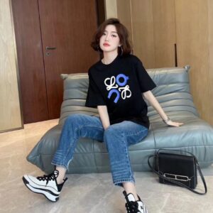 LOEWE罗意威黑色T恤 蓝白刺绣徽标图案 簡約短袖夏裝 6658 - Image 2