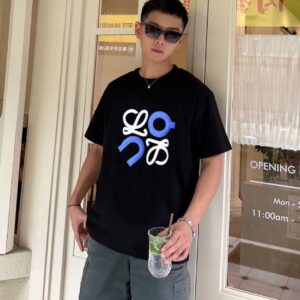 LOEWE罗意威黑色T恤 蓝白刺绣徽标图案 簡約短袖夏裝 6658 - Image 4
