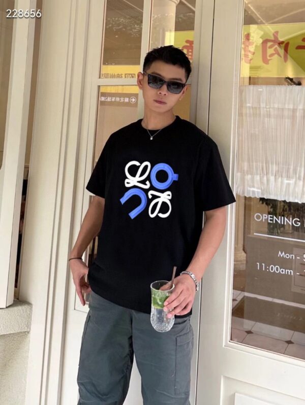 LOEWE罗意威黑色T恤 蓝白刺绣徽标图案 簡約短袖夏裝 6658